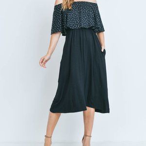 PRINTED OFF-SHOULDER SOLID HEM MIDI DRESS